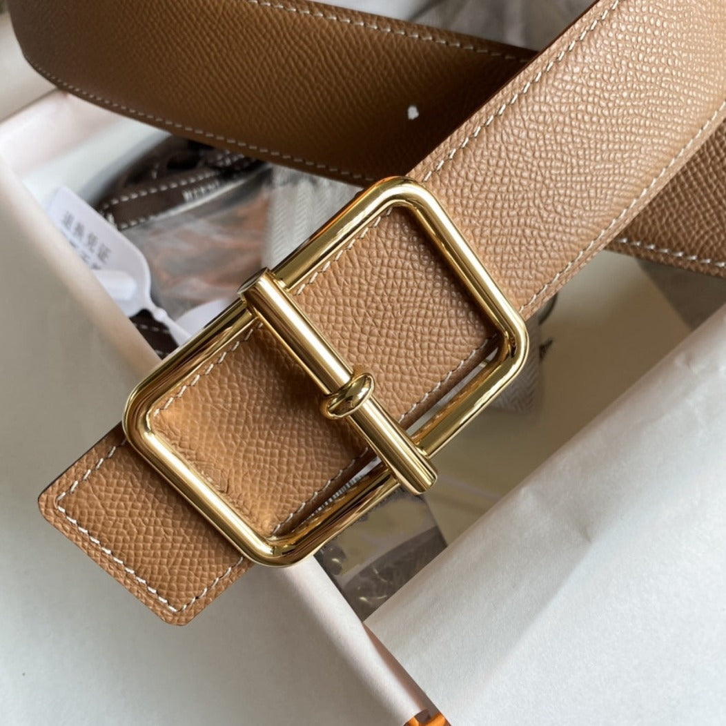 H BELT GOLD BUCKLE BROWN BLACK LEATHER RIVERSIBLE 3.8CM