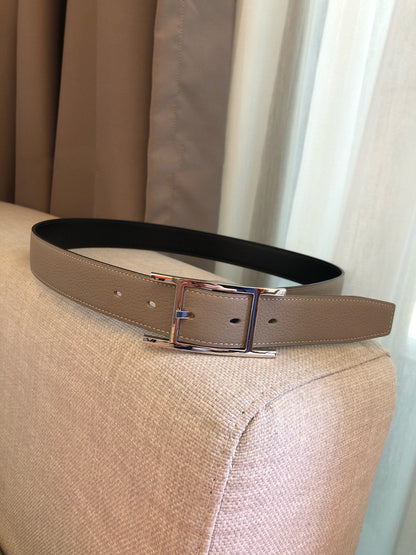 H BELT SILVER BUCKLE GREY BLACK LEATHER REVERSIBLE 3.2CM
