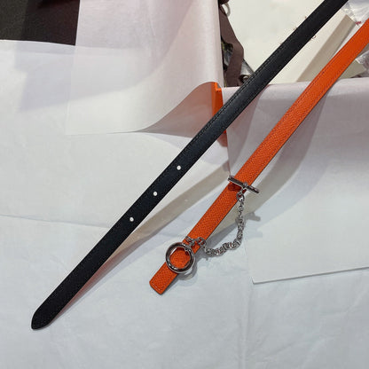 H SILVER BUCKLE WOMEN'S BELT ORANGE BLACK LEATHER STRAP 1.3CM