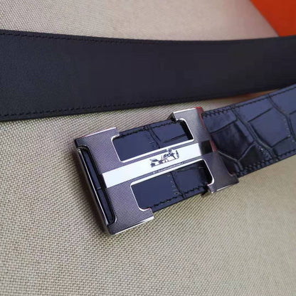 H BELT STEEL BUCKLE CROCODILE-PATTERNED BLACK LEATHER  40MM