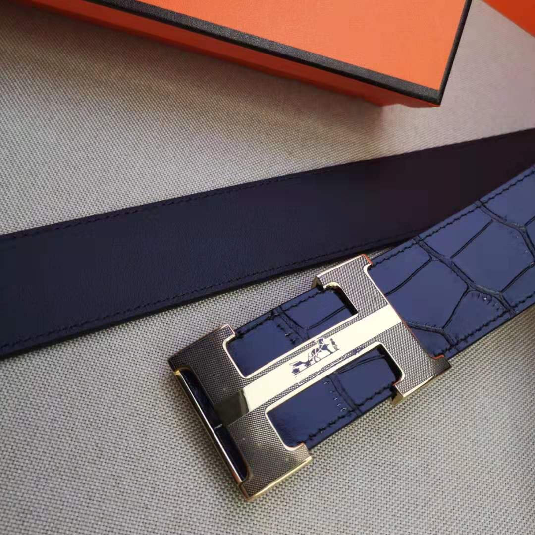 H BELT STEEL BUCKLE CROCODILE-PATTERNED BLACK LEATHER  40MM