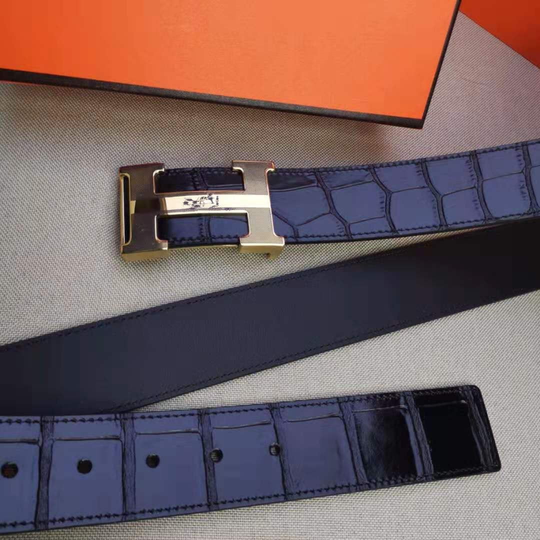 H BELT STEEL BUCKLE CROCODILE-PATTERNED BLACK LEATHER  40MM
