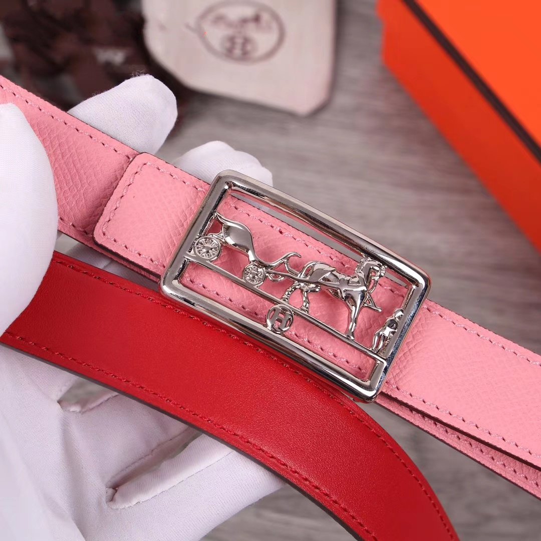 H BELT WOMEN SILVER BUCKLE 24MM ROSE RED LEATHER