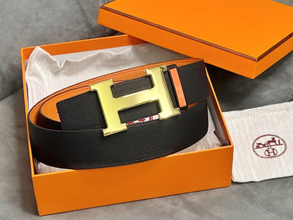 H BELT GOLD BUCKLE 38 MM SMOOTH ORANGE LEATHER REVERSIBLE