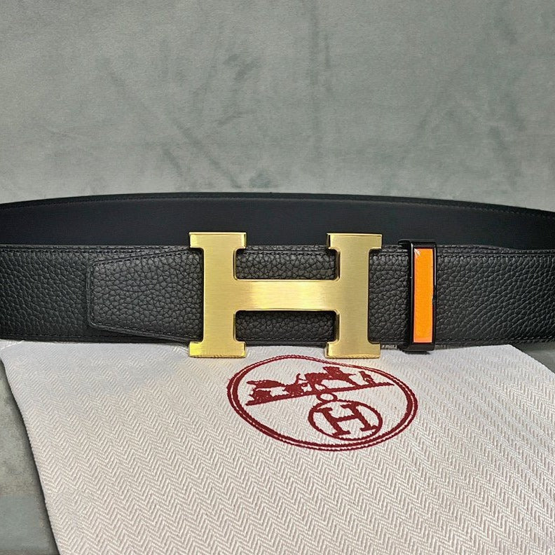 H BELT GOLD BUCKLE 38 MM SMOOTH BLACK LEATHER