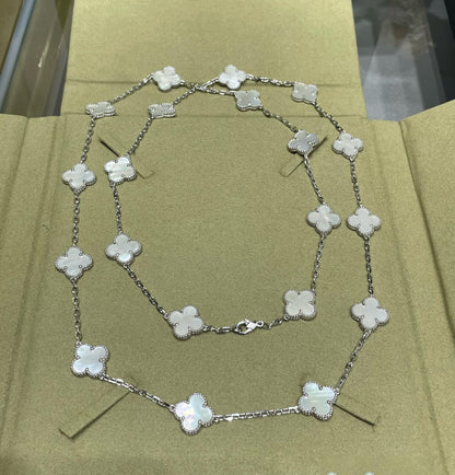 CLOVER 20 MOTIF WHITE MOP 86CM SILVER NECKLACE