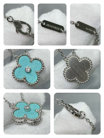 CLOVER MEDIUM TURQUOISE 1 DIAMOND SILVER NECKLACE