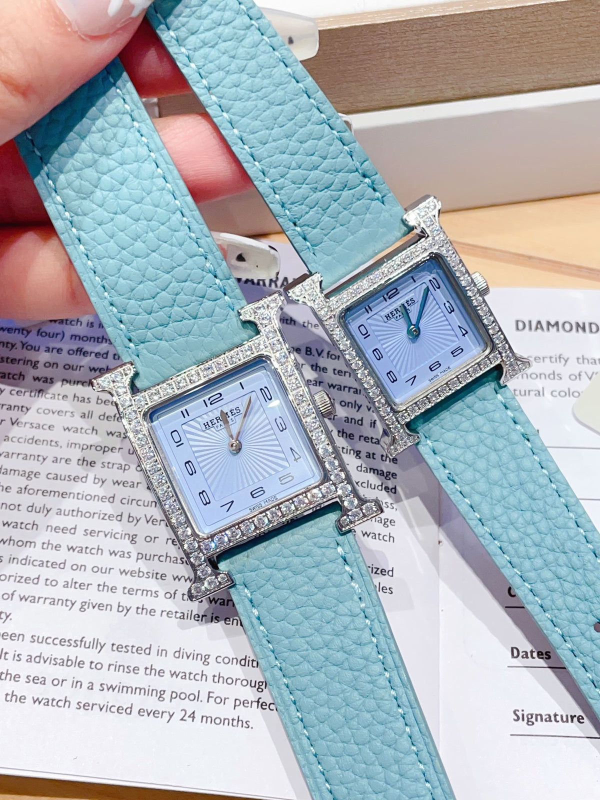 HM HEURE H 26 SILVER BLUE DIAL DIAMOND BEZEL EPSOM LEATHER