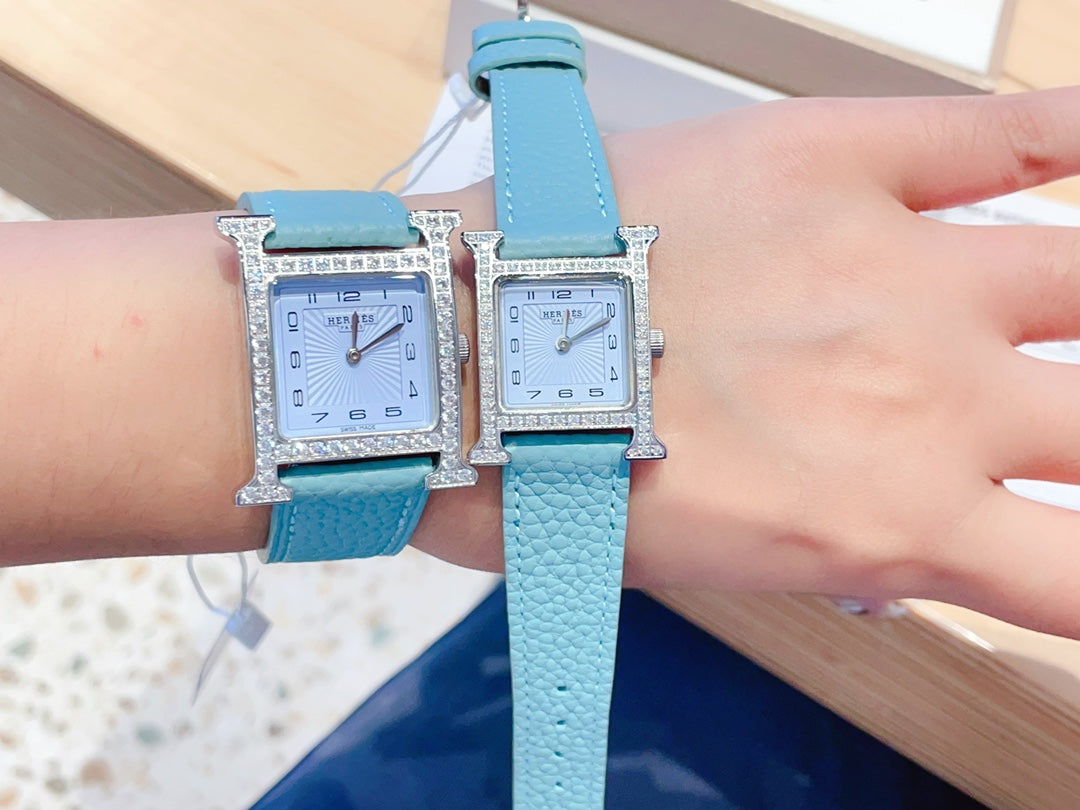 HM HEURE H 26 SILVER BLUE DIAL DIAMOND BEZEL EPSOM LEATHER