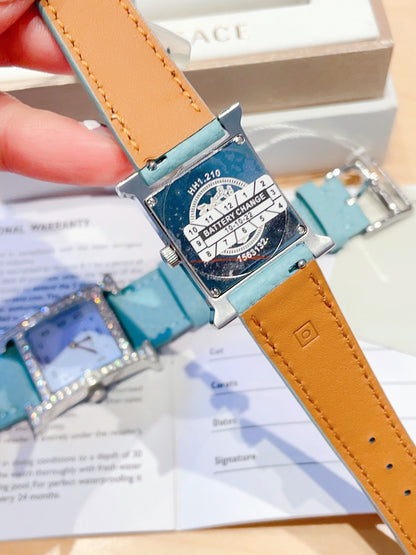 HM HEURE H 26 SILVER BLUE DIAL DIAMOND BEZEL EPSOM LEATHER