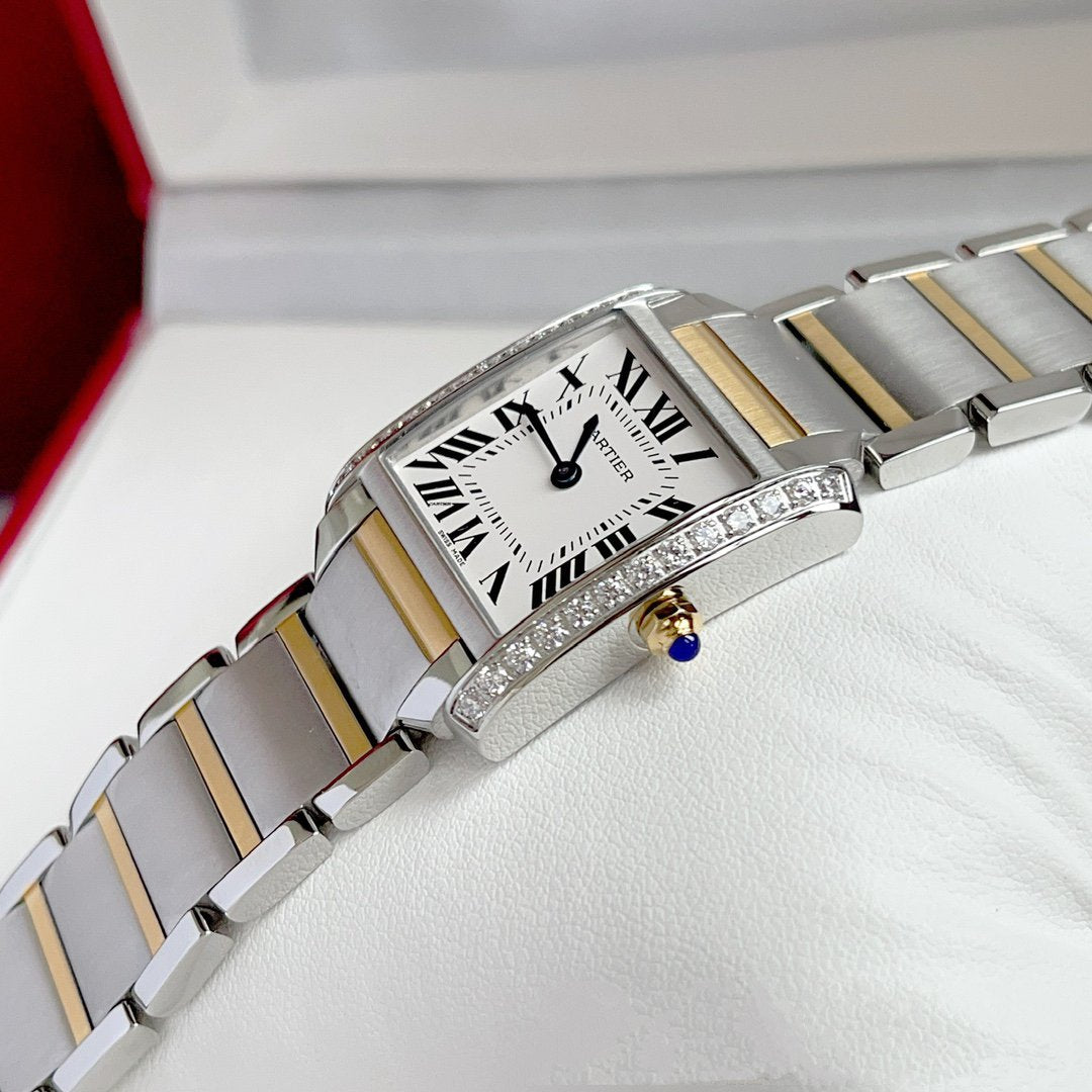 TANK FRANCAISE GOLD STEEL DIAMOND BEZEL WHITE DIAL