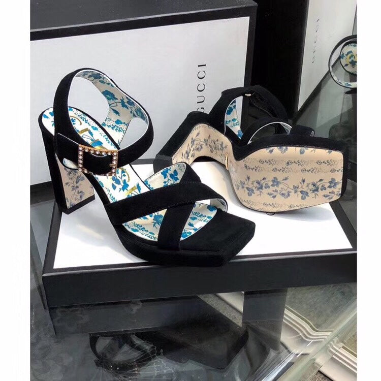 GG HIGH SANDAL BLACK SUEDE WITH PATTERNS