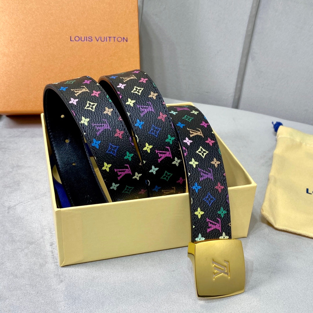 LV 35 MM BELT MULTICOLOR MIX BLACK MONOGRAM CALFSKIN GOLD HARDWARE