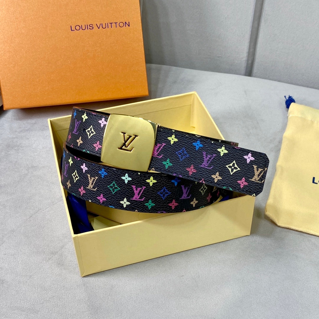 LV 35 MM BELT MULTICOLOR MIX BLACK MONOGRAM CALFSKIN GOLD HARDWARE