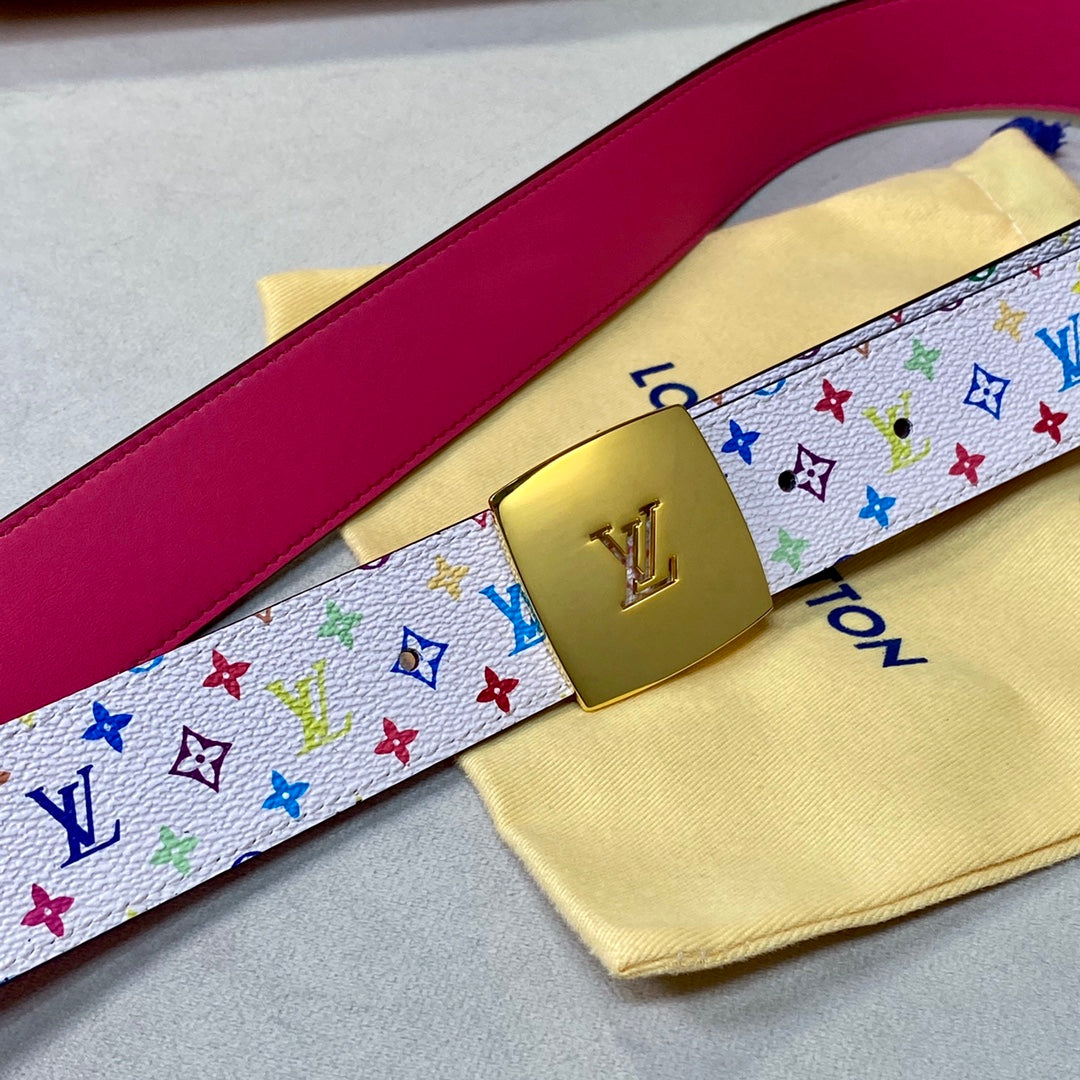 LV 35 MM BELT MULTICOLOR WHITE MIX LIGHT PINK MONOGRAM CALFSKIN GOLD HARDWARE