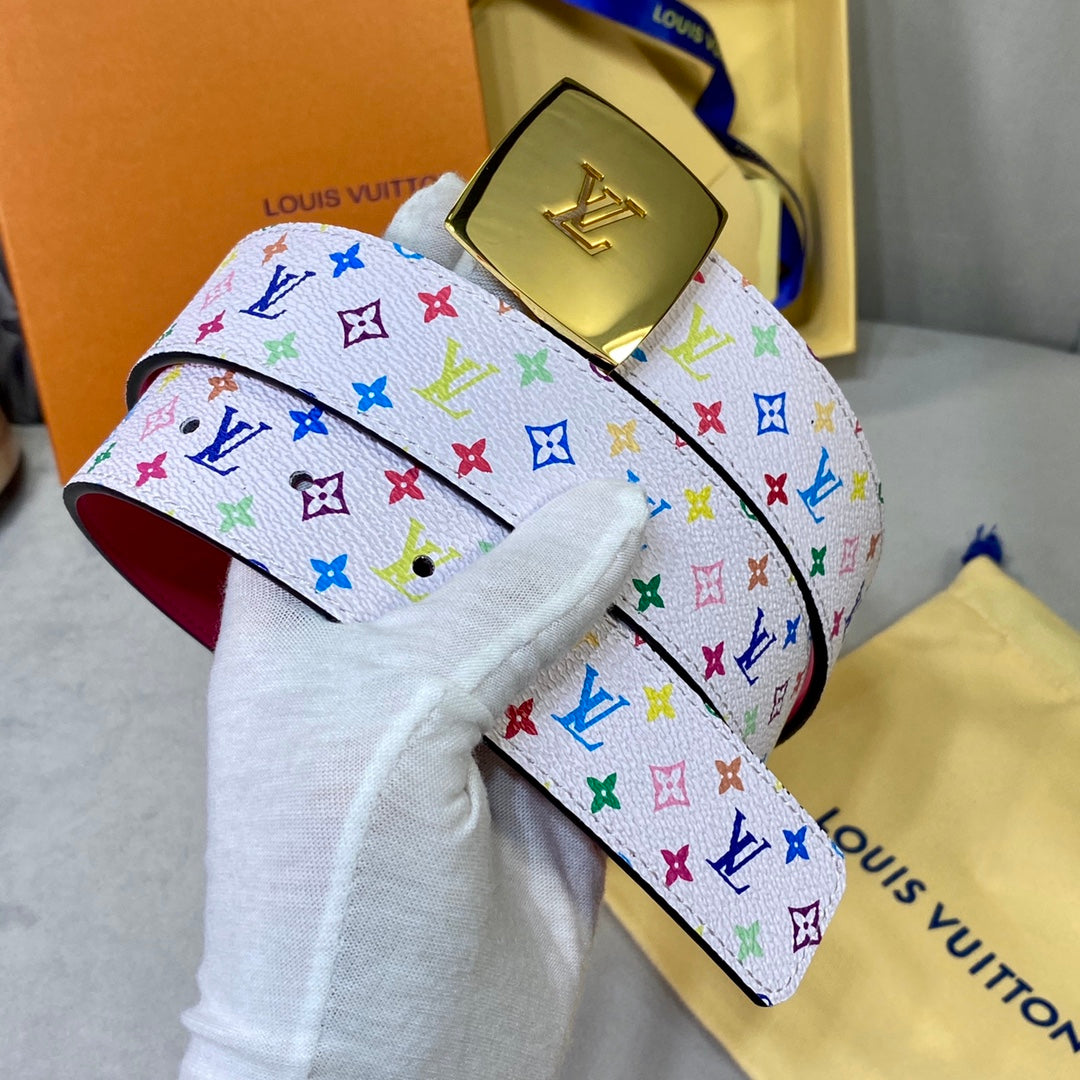 LV 35 MM BELT MULTICOLOR WHITE MIX LIGHT PINK MONOGRAM CALFSKIN GOLD HARDWARE
