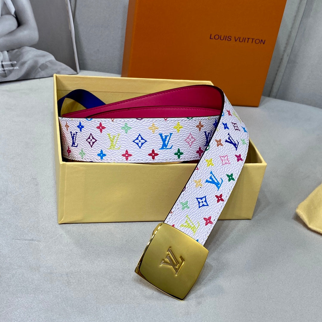 LV 35 MM BELT MULTICOLOR WHITE MIX LIGHT PINK MONOGRAM CALFSKIN GOLD HARDWARE