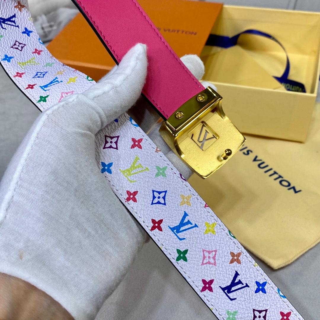 LV 35 MM BELT MULTICOLOR WHITE MIX LIGHT PINK MONOGRAM CALFSKIN GOLD HARDWARE