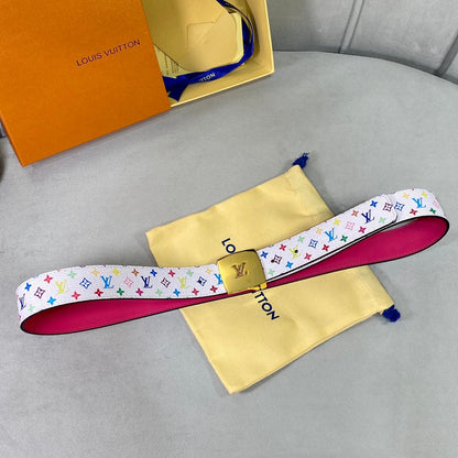 LV 35 MM BELT MULTICOLOR WHITE MIX LIGHT PINK MONOGRAM CALFSKIN GOLD HARDWARE