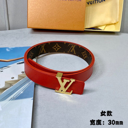 LV FLOWERGRAM 30MM REVERSIBLE BELT IN CHERRY RED CALFSKIN GOLD HARDWARE