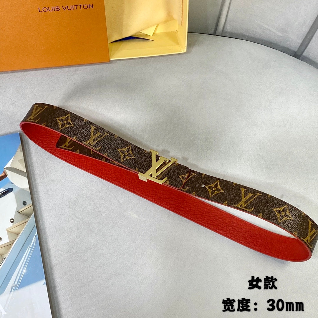 LV FLOWERGRAM 30MM REVERSIBLE BELT IN CHERRY RED CALFSKIN GOLD HARDWARE