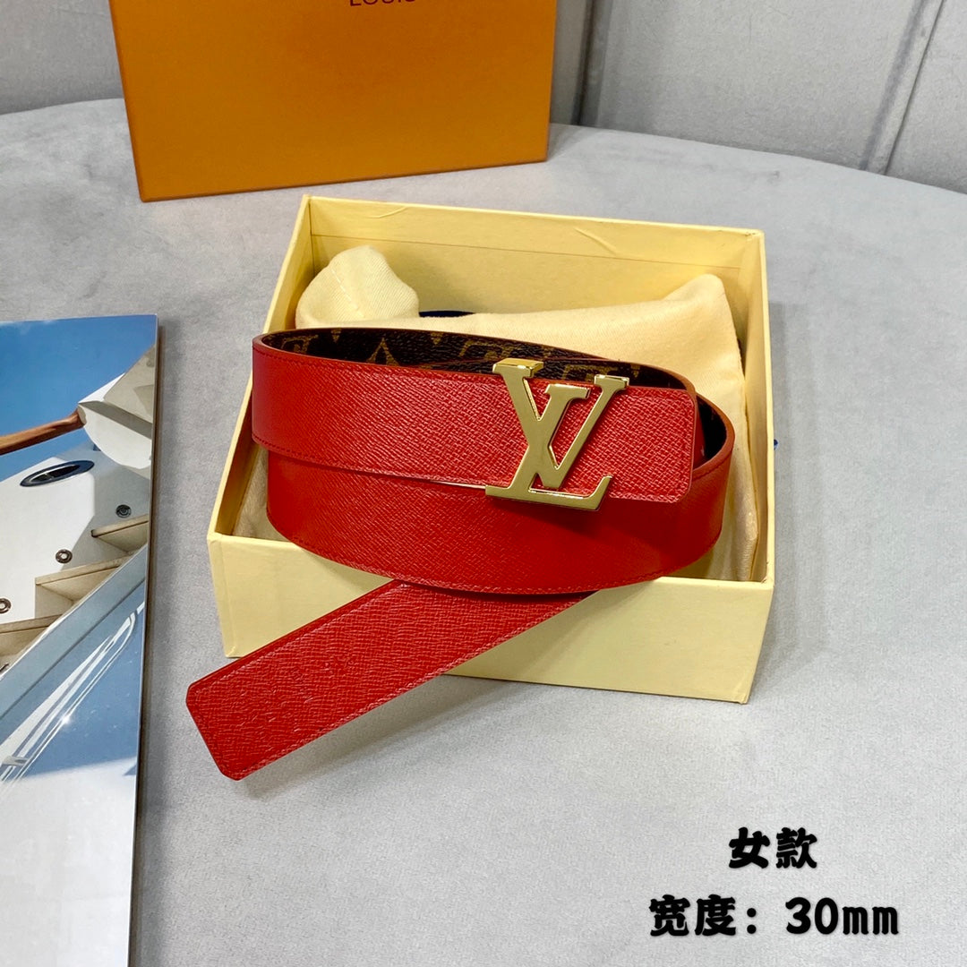 LV FLOWERGRAM 30MM REVERSIBLE BELT IN CHERRY RED CALFSKIN GOLD HARDWARE
