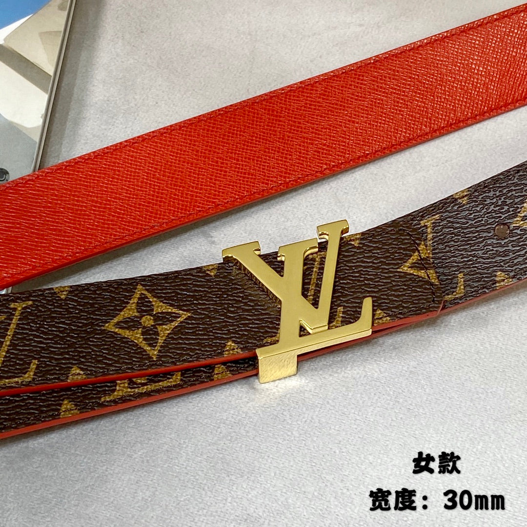 LV FLOWERGRAM 30MM REVERSIBLE BELT IN CHERRY RED CALFSKIN GOLD HARDWARE
