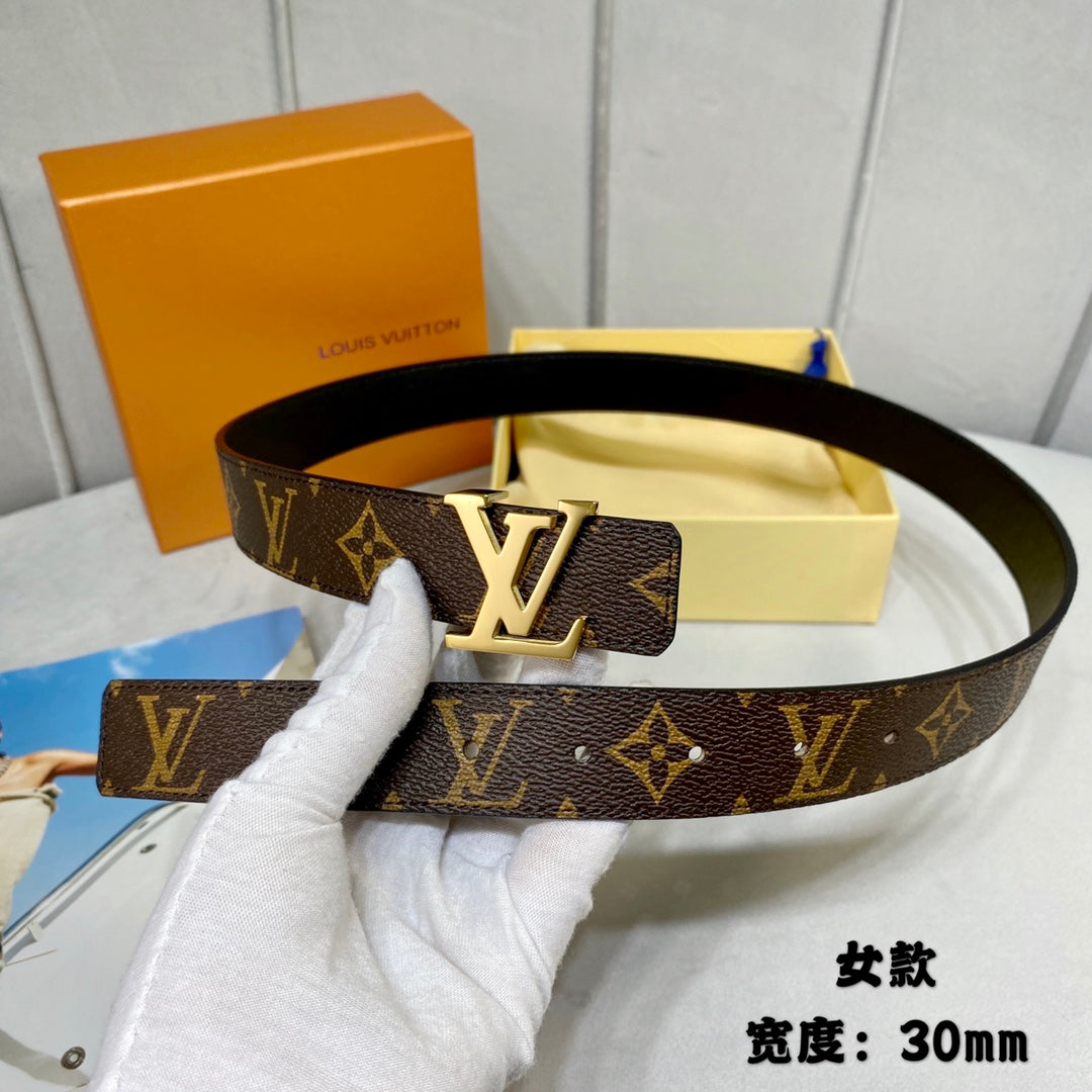 LV INITIALES 30 MM REVERSIBLE BELT IN BROWN MONOGRAM AND BLACK CALFSKIN GOLD HARDWARE