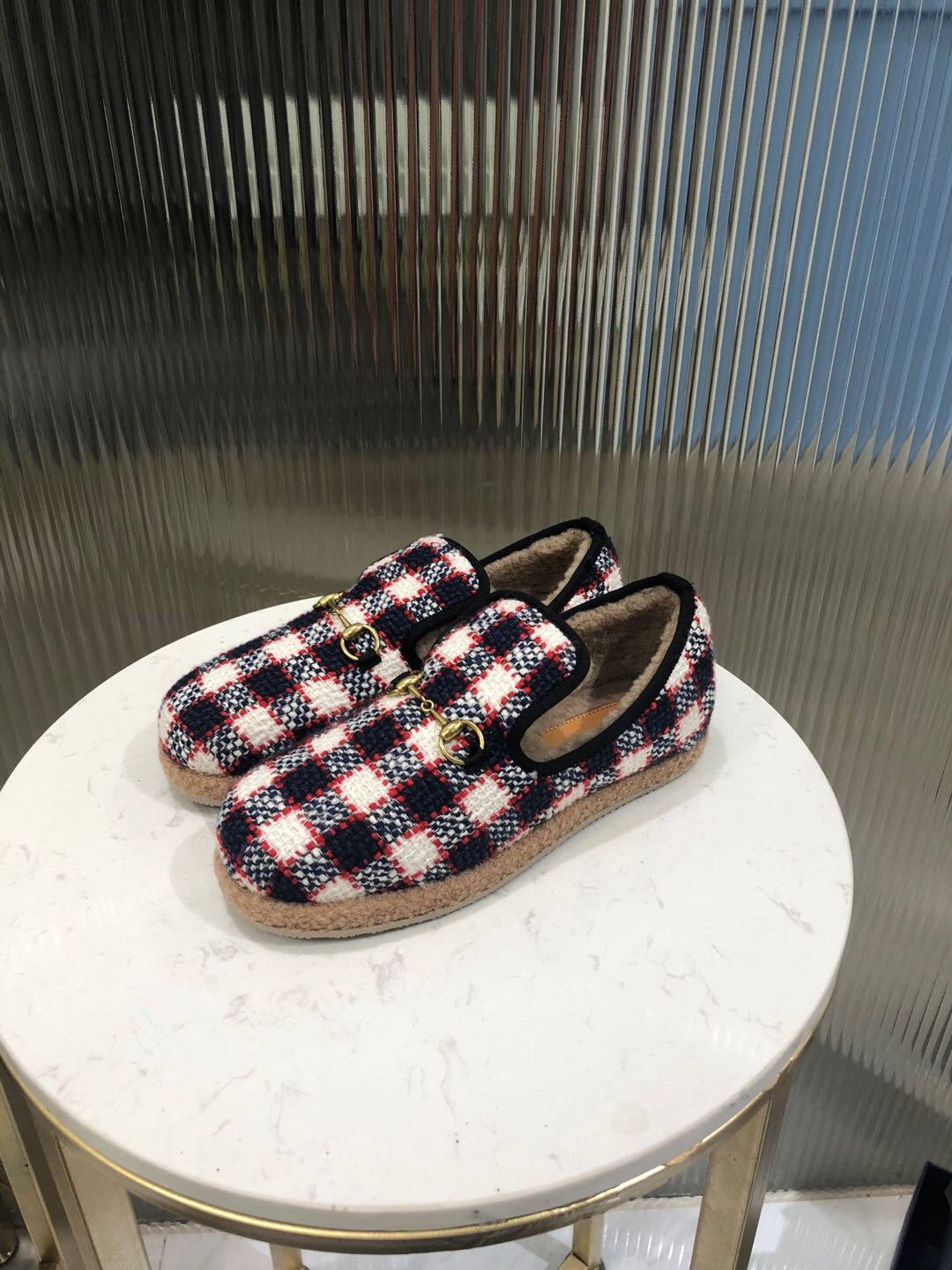 GG HORSEBIT LOAFER IN COLORFUL TWEED AND LAMB FUR LINING