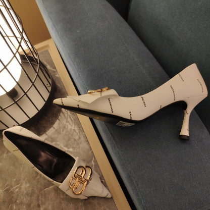 POINTED TOE PUMPS WHITE WITH LOGO PRINT SMOOTH CALFSKIN