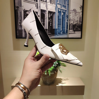 POINTED TOE PUMPS WHITE WITH LOGO PRINT SMOOTH CALFSKIN