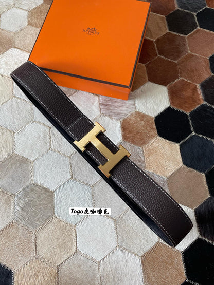 HM CONSTANCE BELT BUCKLE & REVERSIBLE CHOCOLATE BROWN LEATHER STRAP 38MM GOLD HARDWARE