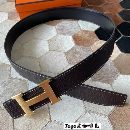 HM CONSTANCE BELT BUCKLE & REVERSIBLE CHOCOLATE BROWN LEATHER STRAP 38MM GOLD HARDWARE