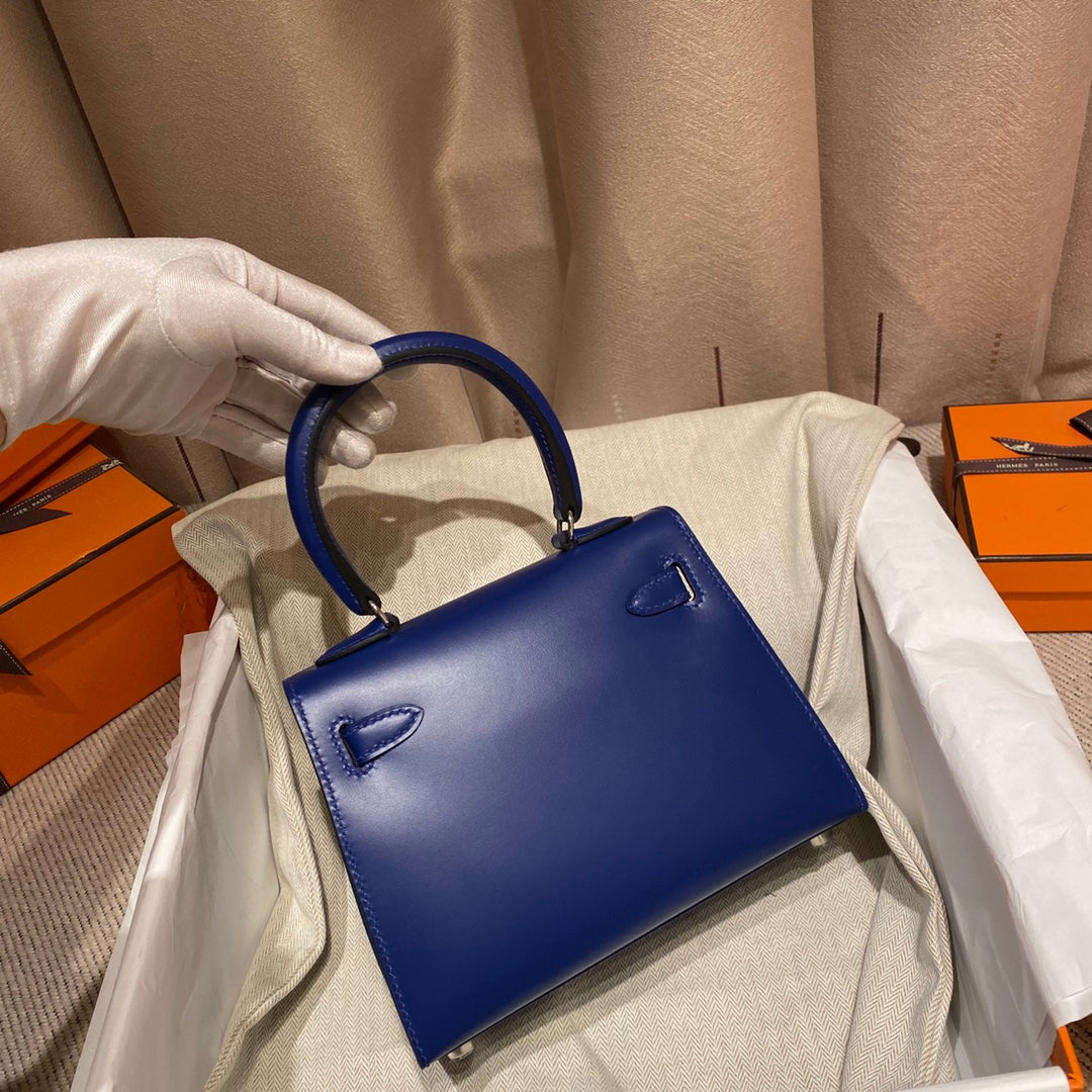 KELLY MINI 20 BAG IN NAVY BLUE SMOOTH CALFSKIN WITH SILVER HARDWARE