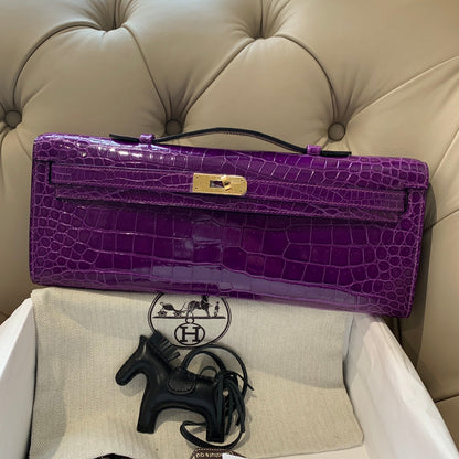 KELLY CUT 31 IN VIOLET PURPLE ALLIGATOR LEATHER WITH GOLD HARDWARE