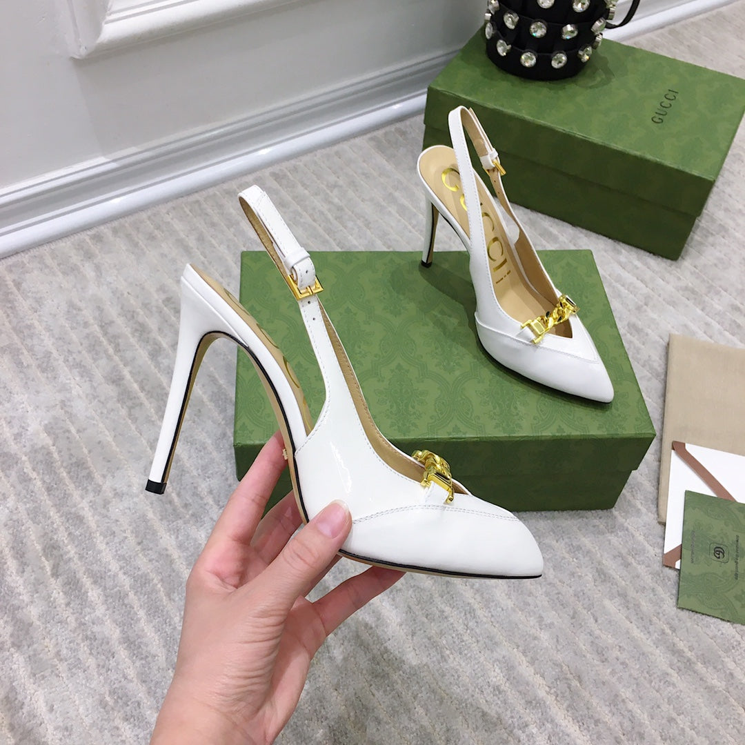 GG HIGH HEEL SLINGBACK WHITE CALFSKIN WITH CHAIN