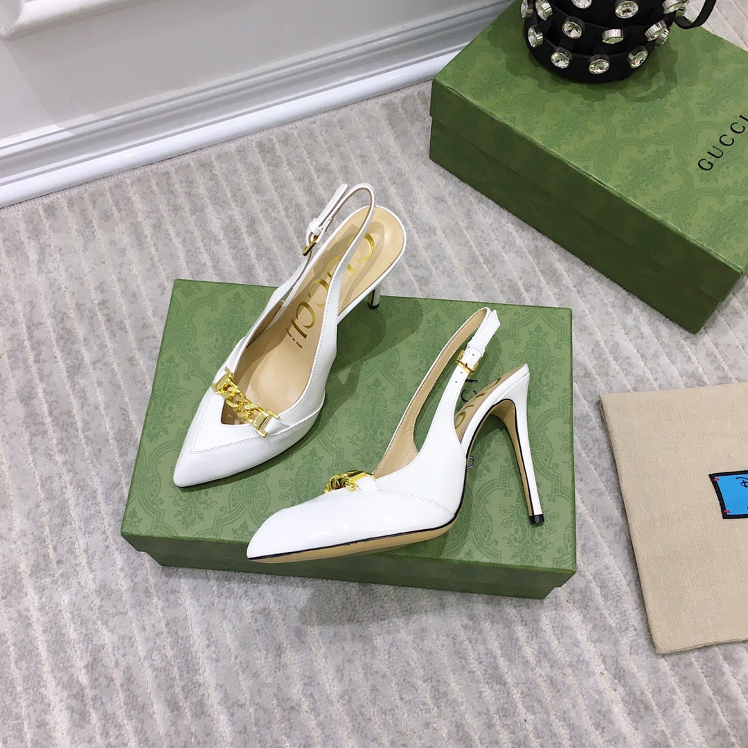 GG HIGH HEEL SLINGBACK WHITE CALFSKIN WITH CHAIN