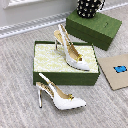 GG HIGH HEEL SLINGBACK WHITE CALFSKIN WITH CHAIN