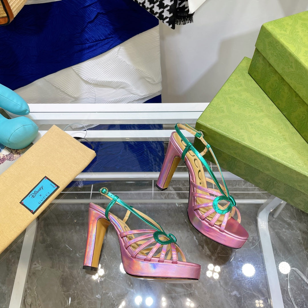 GG HIGH HEEL SANDAL HOT PINK AND JADE GREEN LAMBSKIN