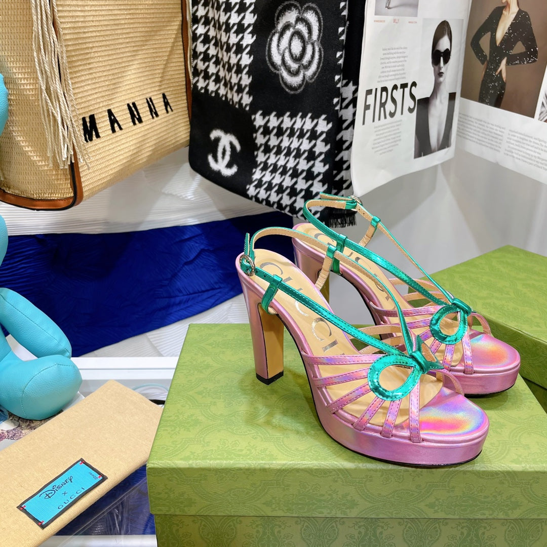 GG HIGH HEEL SANDAL HOT PINK AND JADE GREEN LAMBSKIN