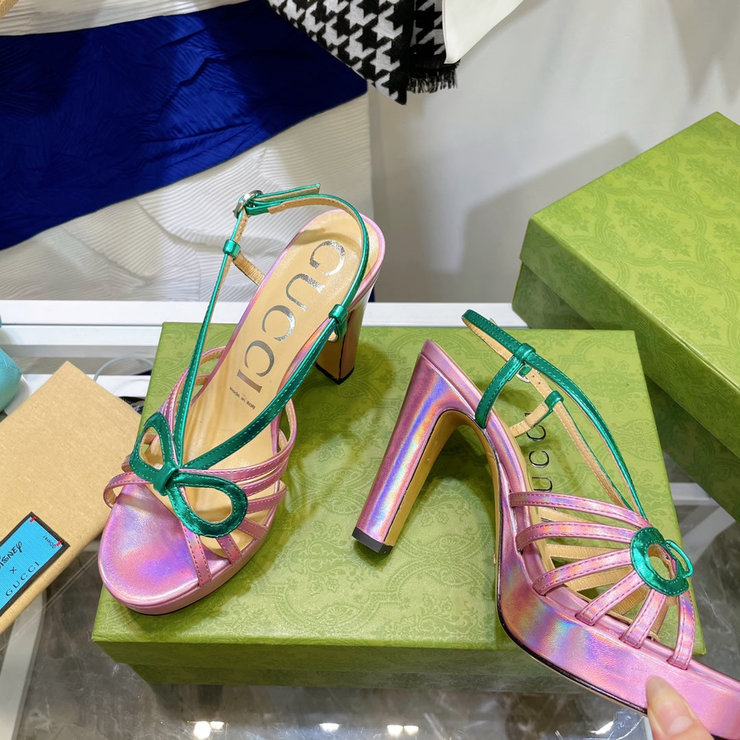 GG HIGH HEEL SANDAL HOT PINK AND JADE GREEN LAMBSKIN
