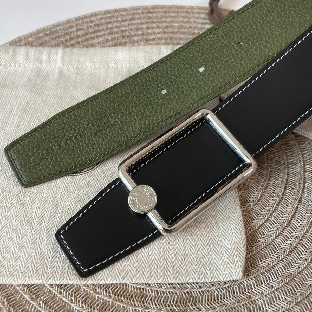 OSCAR BELT BUCKLE & REVERSIBLE OLIVE GREEN AND BLACK LEATHER STRAP 38MM SILVER HARDWARE