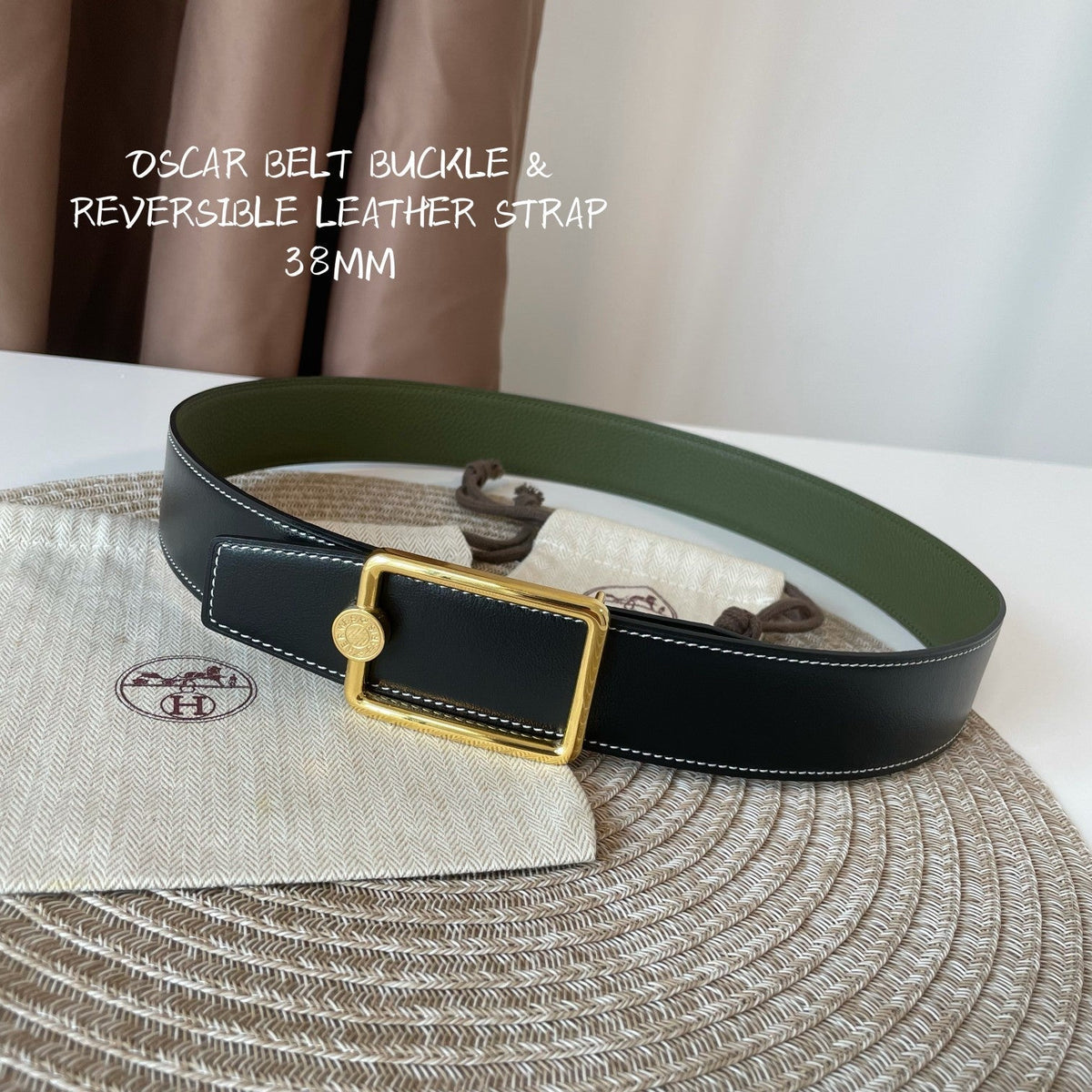 OSCAR BELT BUCKLE & REVERSIBLE OLIVE GREEN LEATHER STRAP 38MM GOLD HARDWARE