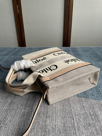 SMALL STRAP WOODY TOTE BAG 26.5 IN BEIGE LINEN CANVAS BLACK WEBBING LOGO EMBROIDER NUDE CALFSKIN