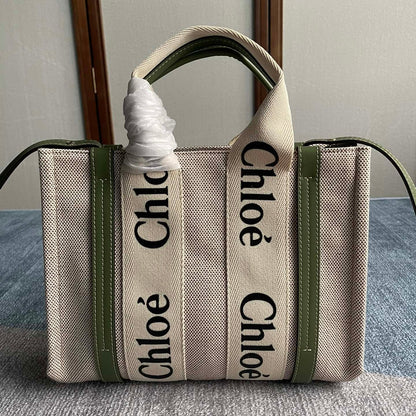 SMALL STRAP WOODY TOTE BAG 26.5 IN BEIGE LINEN CANVAS BLACK WEBBING LOGO EMBROIDER GREEN CALFSKIN