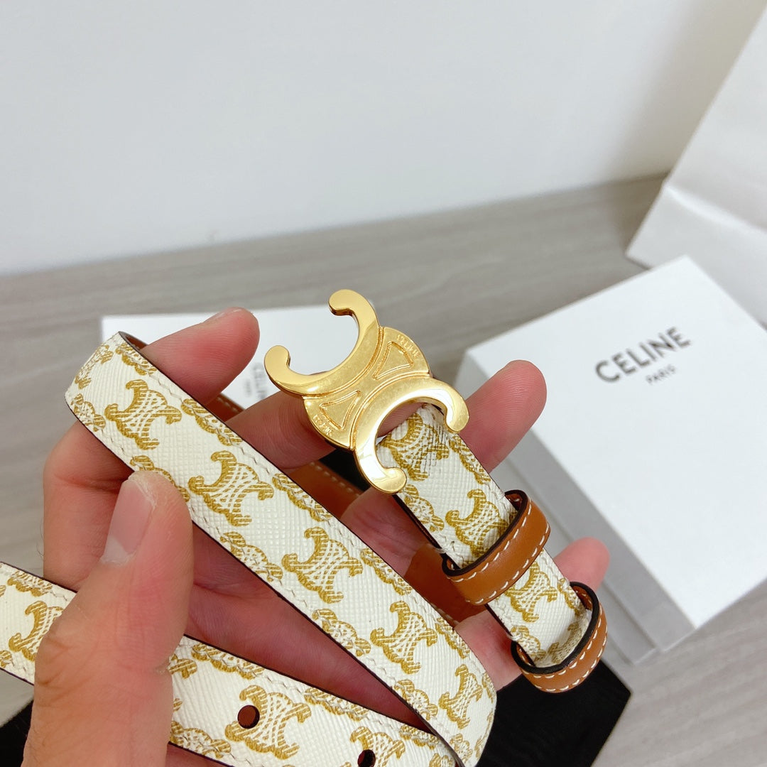 TRIOMPHE BELT 18MM REVERSIBLE IN WHITE CALFSKIN WITH GOLD MONOGRAM PRINT AND BROWN CALFSKIN WITH GOLD BUCKLE