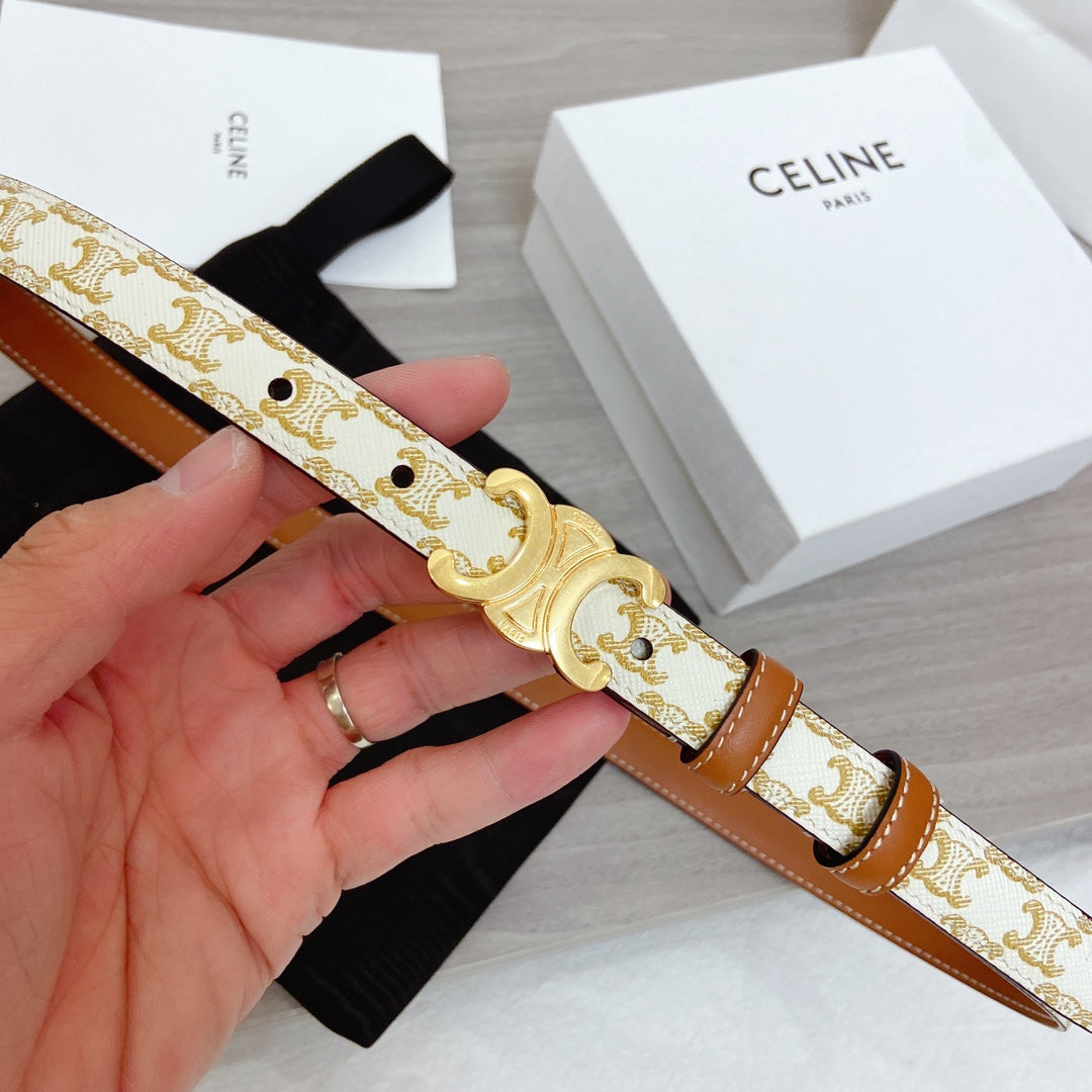 TRIOMPHE BELT 18MM REVERSIBLE IN WHITE CALFSKIN WITH GOLD MONOGRAM PRINT AND BROWN CALFSKIN WITH GOLD BUCKLE