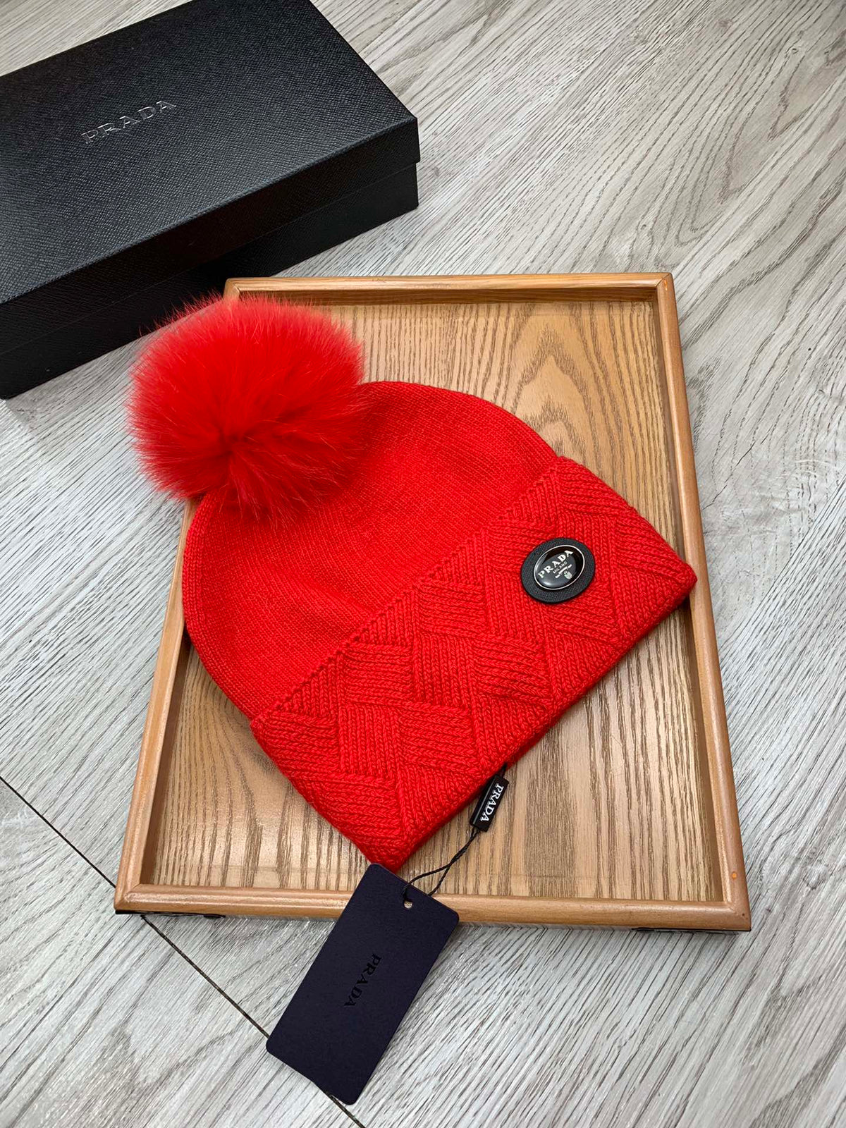BEANIE HAT IN CHERRY RED WOOL AND RABBIT FUR 346718