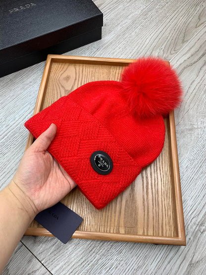 BEANIE HAT IN CHERRY RED WOOL AND RABBIT FUR 346718