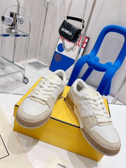 FENDI CASUAL SNEAKER IN WHITE CALFSKIN AND TAN BROWN SUEDE